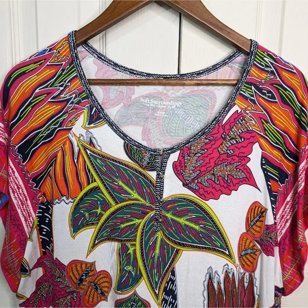 Soft Surroundings Tigerwood Tunic Top XL Tropical Floral Resort Travel Henley